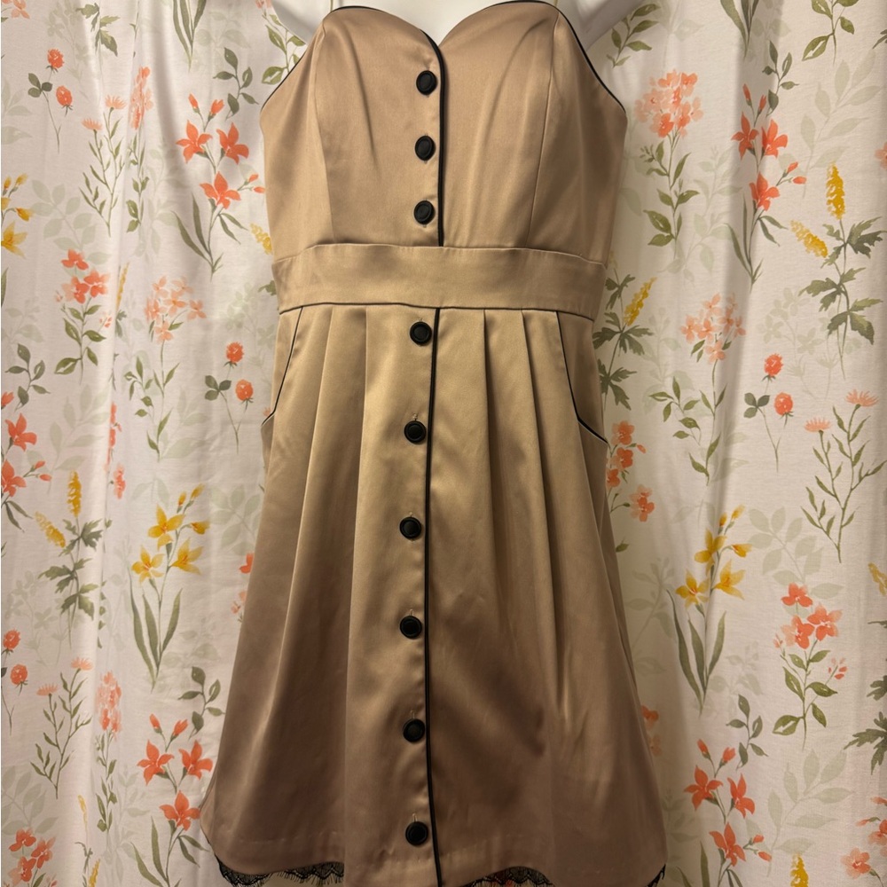 Max & Cleo Strapless Tan Dress with Black Buttons